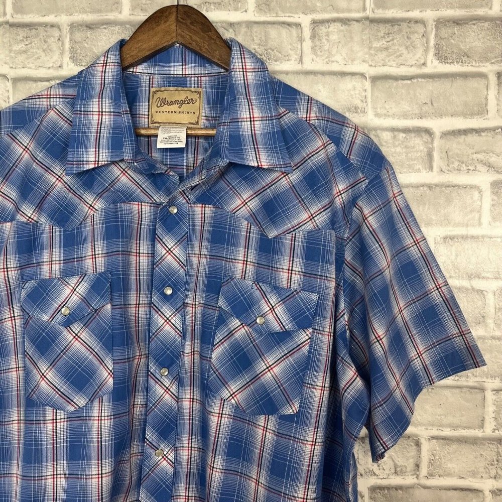 Wrangler RETRO Western Shirt SS Blue Metallic Plaid Pearl Snap Buttons Mens 2XL